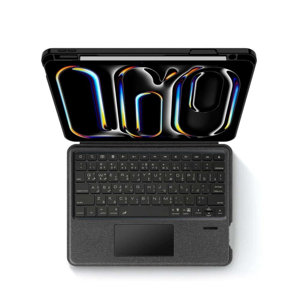 كيبورد حافظة أيباد عربي/إنجليزي مع لوحة لمس وحامل قلم - أسود (Arabic Keyboard Case for iPad with Trackpad & Pencil Holder)