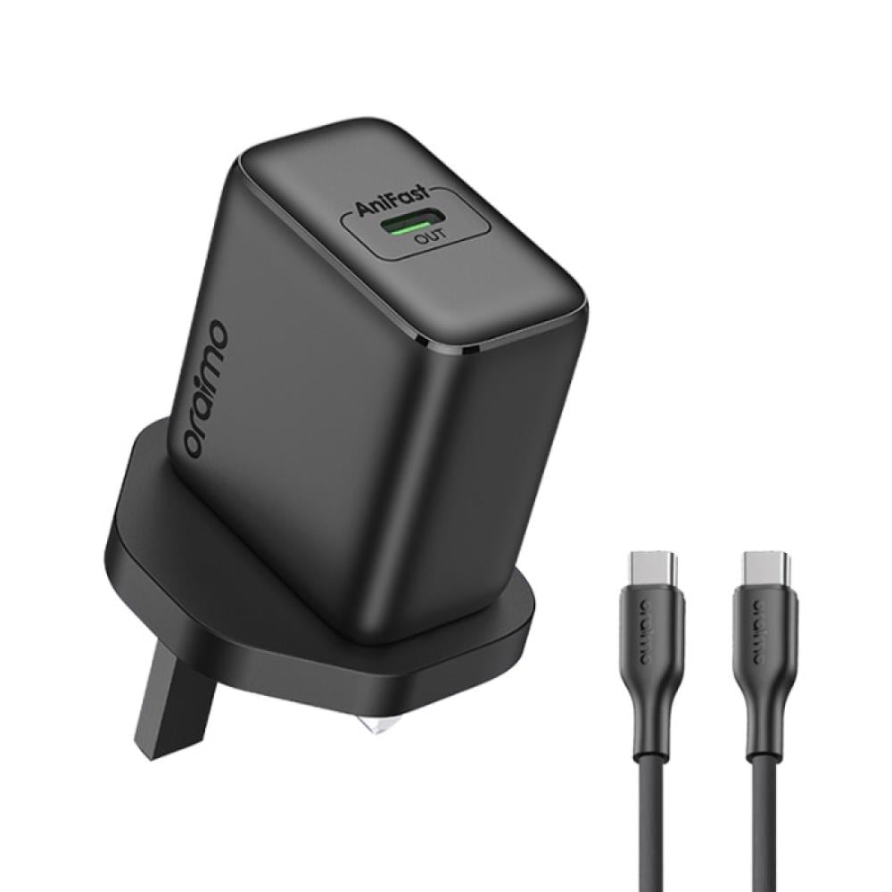 شاحن جداري سريع أوريمو AniFast بقوة فائقة منفذ Type-C مع كابل Type-C to Type-C - أسود (oraimo AniFast Fast Wall Charger UK Plug with Type-C Cable)