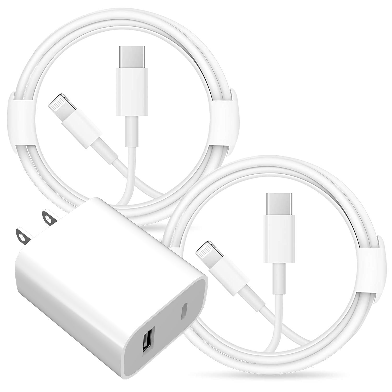 طقم شاحن جداري سريع ثنائي المنافذ (USB-C + USB-A) مع 2 كابل شحن آيفون Type-C to Lightning - أبيض (Dual Port Fast Wall Charger Block with 2-Pack Type-C to Lightning Cables)