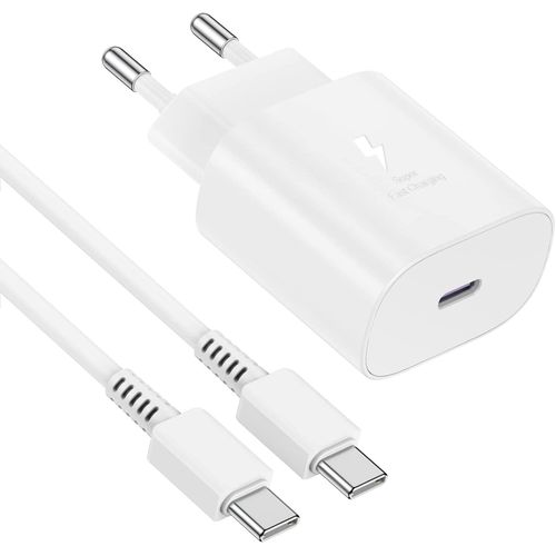 شاحن سامسونج الفائق السرعة 25 واط منفذ Type-C مع كابل Type-C to Type-C - فيش ثنائي (Samsung 25W Super Fast Charger Set with Type-C Cable - EU Plug)