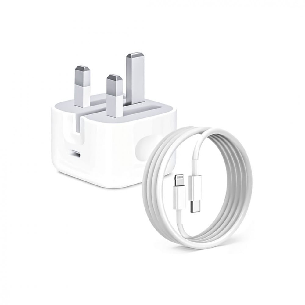 شاحن آيفون سريع 20 واط منفذ Type-C مع كابل Lightning - فيش ثلاثي (20W USB-C Fast Charger with Type-C to Lightning Cable - UK Plug)