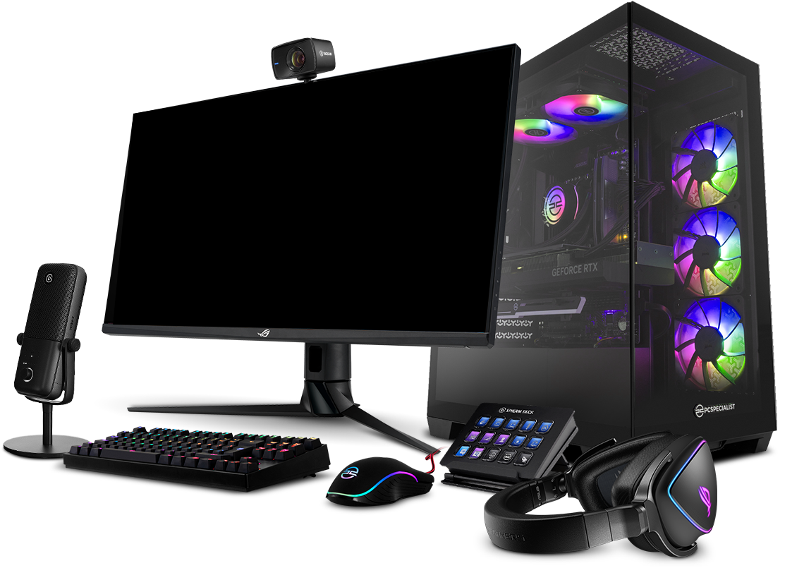 تجميعة سيت اب كمبيوتر قيمنق وستريمنج متكاملة - بيسي PCSpecialist RTX مع شاشة ASUS ROG وملحقات البث كاملة (Complete PCSpecialist Gaming & Streaming PC Setup Bundle)